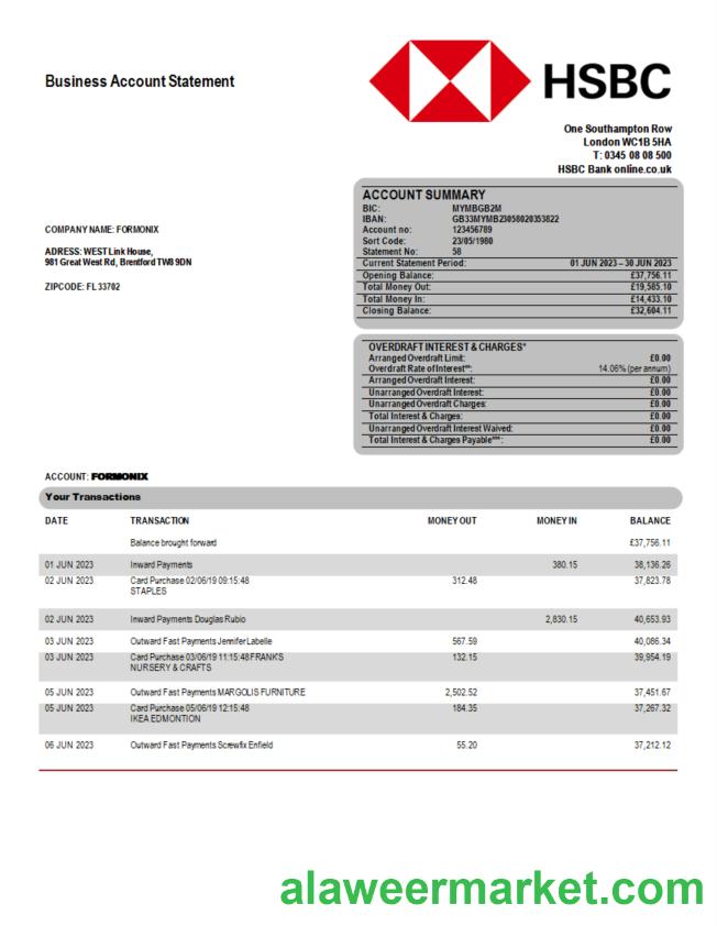 HSBC Bank company statement Word and PDF template